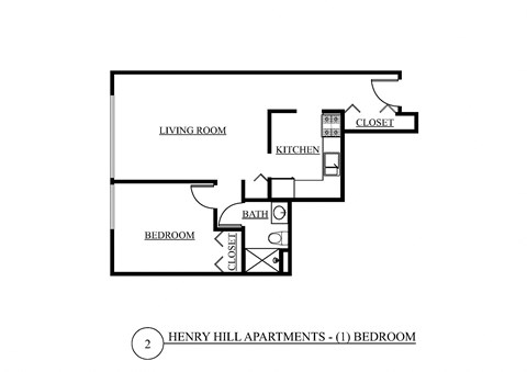 Floor plan for 1 bed, 1 bath, 593 sqft